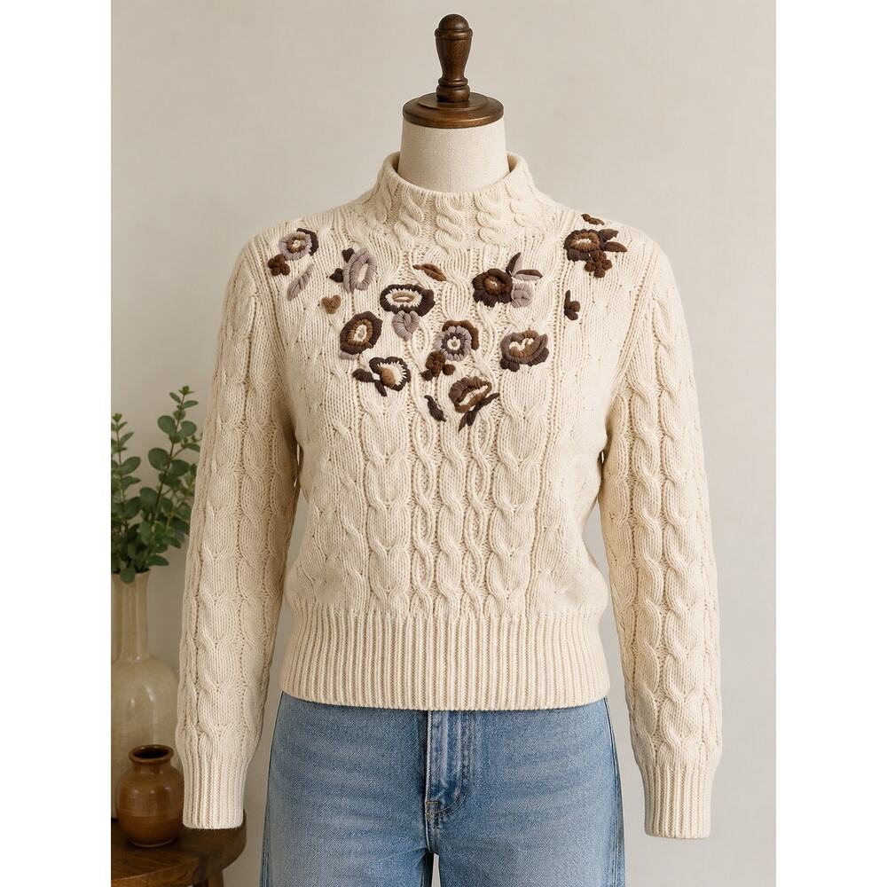 Vintage Liz Claiborne Collection Hand Knit Silk Blend Floral Cable Knit Sweater - Picture 6 of 9